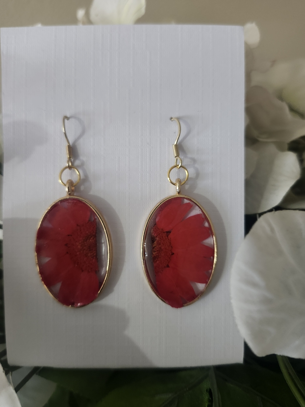 Red Floral Oval Drop Earrings - Unbranded